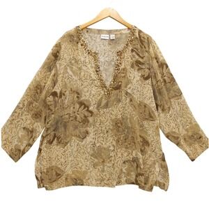 Chico's Embellished Floral Blouse‎ Sheer 100% Silk Sz 3 XL Flowy Lightweight Top
